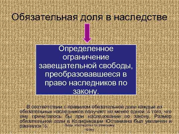 Обязательная доля в наследстве Определенное ограничение завещательной свободы, преобразовавшееся в право наследников по закону.