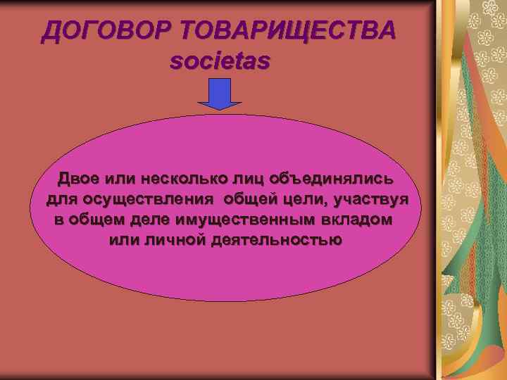 ДОГОВОР ТОВАРИЩЕСТВА societas Двое или несколько лиц объединялись для осуществления общей цели, участвуя в