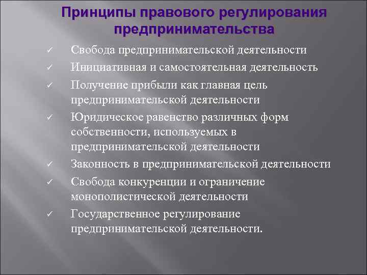Принципы правового регулирования предпринимательства ü ü ü ü Свобода предпринимательской деятельности Инициативная и самостоятельная