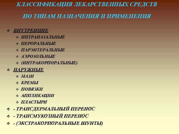 КЛАССИФИКАЦИЯ ЛЕКАРСТВЕННЫХ СРЕДСТВ ПО ТИПАМ НАЗНАЧЕНИЯ И ПРИМЕНЕНИЯ v ВНУТРЕННИЕ v v v НАРУЖНЫЕ