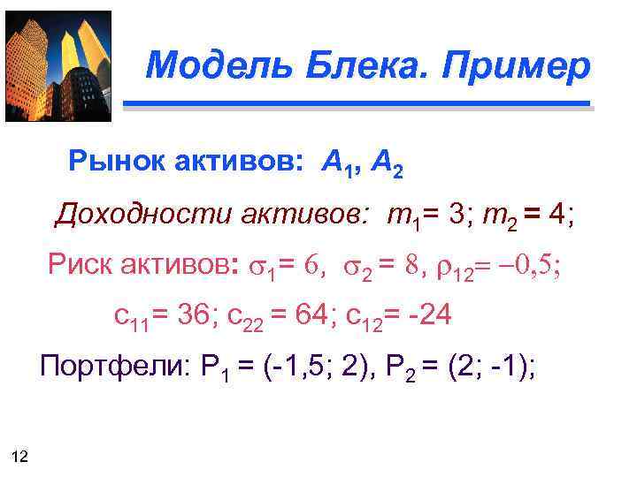 Модель Блека. Пример Рынок активов: А 1, А 2 Доходности активов: m 1= 3;