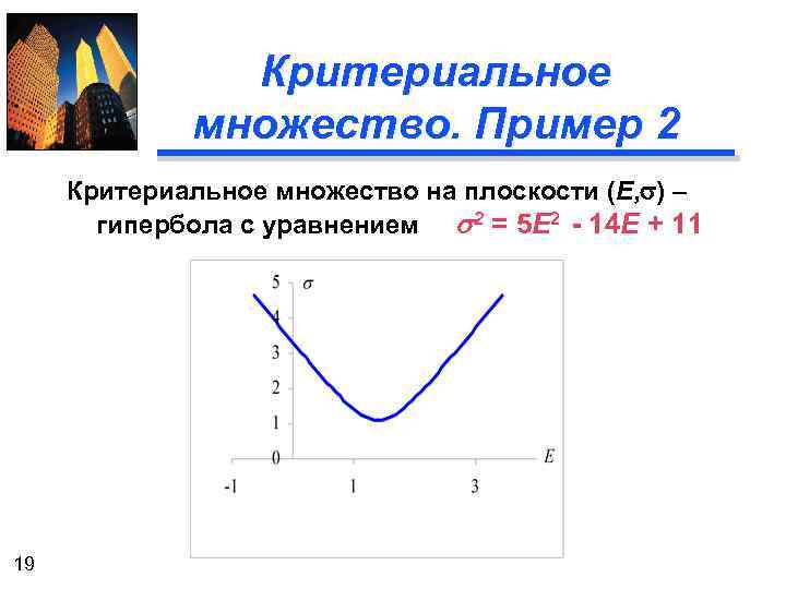 Критериальное множество. Пример 2 Критериальное множество на плоскости (E, s) – гипербола с уравнением