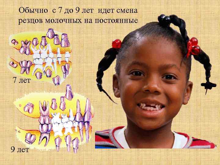 Обычно с 7 до 9 лет идет смена резцов молочных на постоянные 7 лет