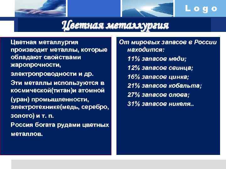 Logo Цветная металлургия производит металлы, которые обладают свойствами жаропрочности, электропроводности и др. Эти металлы