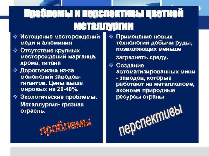 Logo Проблемы и перспективы цветной металлургии v Истощение месторождений меди и алюминия v Отсутствие