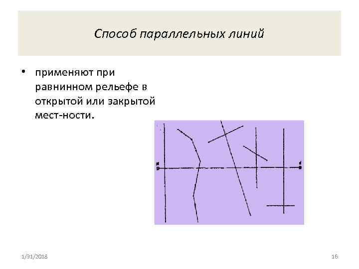 Способ параллельных линий • применяют при равнинном рельефе в открытой или закрытой мест ности.