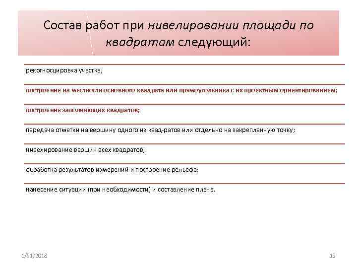 Состав работ при нивелировании площади по квадратам следующий: рекогносцировка участка; построение на местности основного