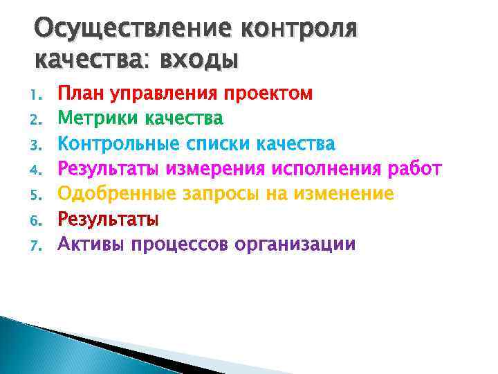 Осуществление контроля качества: входы 1. 2. 3. 4. 5. 6. 7. План управления проектом