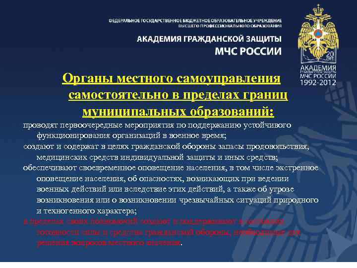 Органы местного самоуправления самостоятельно в пределах границ муниципальных образований: проводят первоочередные мероприятия по поддержанию
