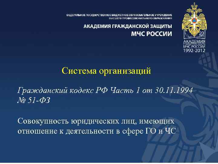 Система организаций Гражданский кодекс РФ Часть 1 от 30. 11. 1994 № 51 -ФЗ