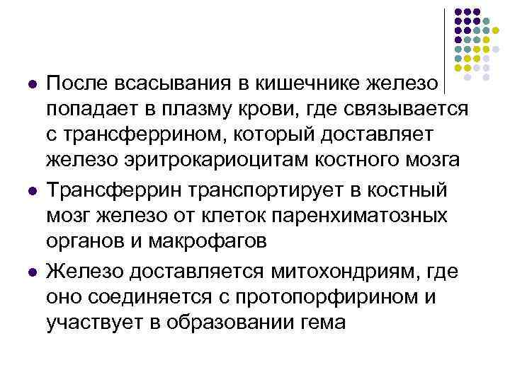 l l l После всасывания в кишечнике железо попадает в плазму крови, где связывается