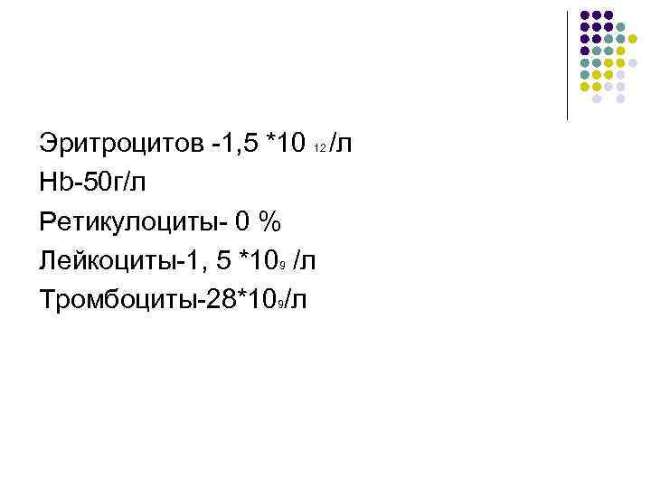 Эритроцитов -1, 5 *10 /л Hb-50 г/л Ретикулоциты- 0 % Лейкоциты-1, 5 *10 /л
