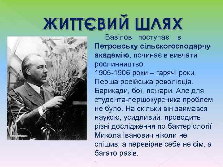 ЖИТТЄВИЙ ШЛЯХ Вавілов поступає в Петровську сільскогосподарчу академію, починає в вивчати рослинництво. 1905 -1906