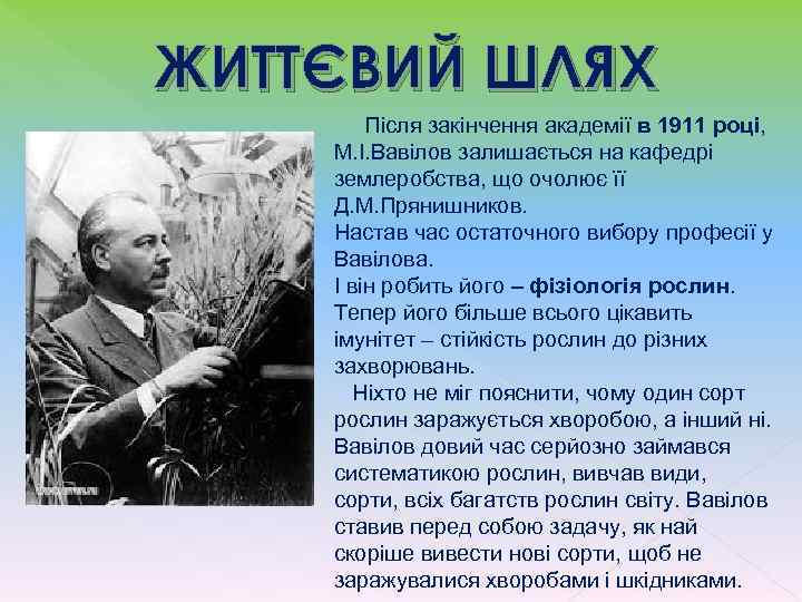 ЖИТТЄВИЙ ШЛЯХ Після закінчення академії в 1911 році, М. І. Вавілов залишається на кафедрі