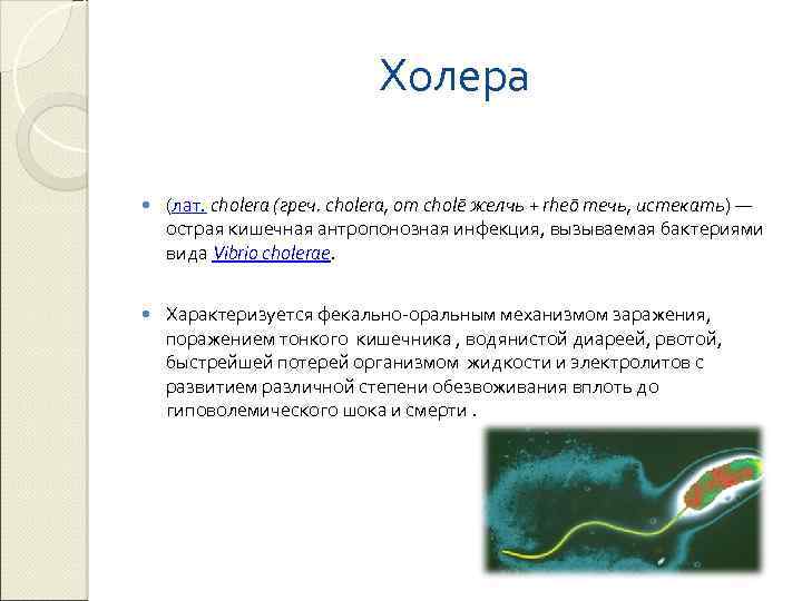 Холера (лат. cholera (греч. cholera, от cholē желчь + rheō течь, истекать) — острая
