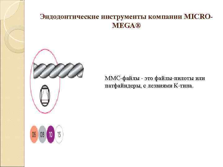 Эндодонтические инструменты компании MICROMEGA® ММС-файлы - это файлы-пилоты или патфайндеры, с лезвиями К-типа. 