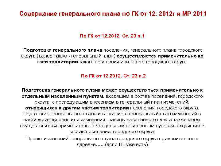 Содержание генерального плана по ГК от 12. 2012 г и МР 2011 По ГК