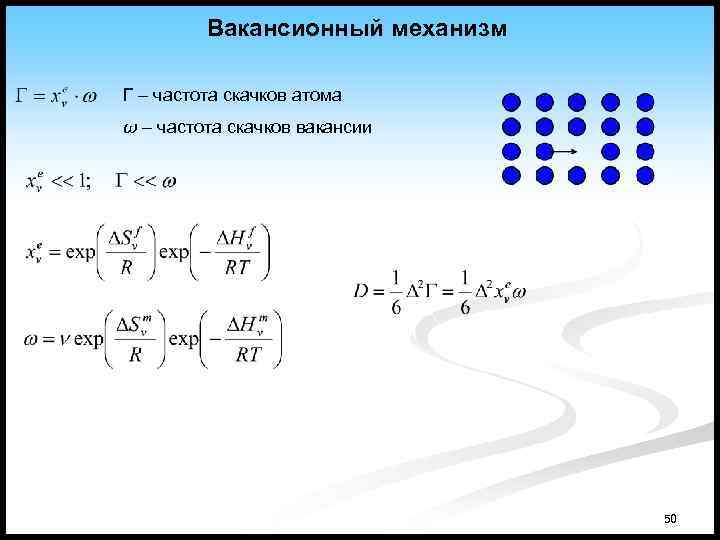 Вакансионный механизм Г – частота скачков атома ω – частота скачков вакансии 50 