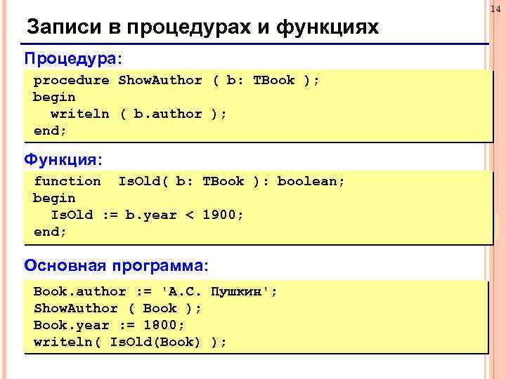 14 Записи в процедурах и функциях Процедура: procedure Show. Author ( b: TBook );