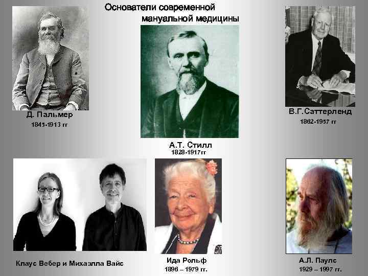 Основатели современной мануальной медицины В. Г. Саттерленд 1862 -1957 гг Д. Пальмер 1845 -1913