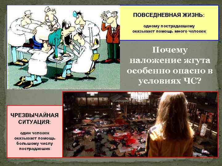 ПОВСЕДНЕВНАЯ ЖИЗНЬ: одному пострадавшему оказывает помощь много человек Почему наложение жгута особенно опасно в