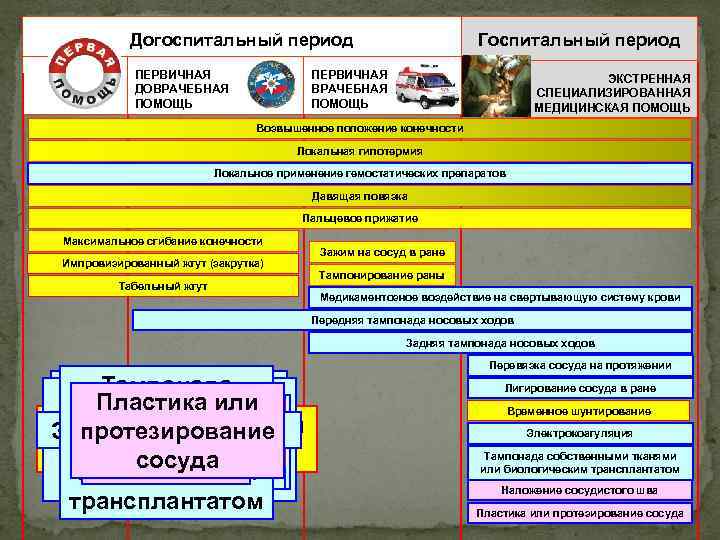 Догоспитальный период ПЕРВИЧНАЯ ДОВРАЧЕБНАЯ ПОМОЩЬ Госпитальный период ПЕРВИЧНАЯ ВРАЧЕБНАЯ ПОМОЩЬ ЭКСТРЕННАЯ СПЕЦИАЛИЗИРОВАННАЯ МЕДИЦИНСКАЯ ПОМОЩЬ