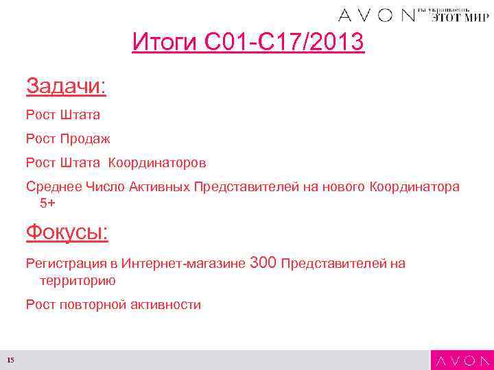 Итоги С 01 -С 17/2013 Задачи: Рост Штата Рост Продаж Рост Штата Координаторов Среднее