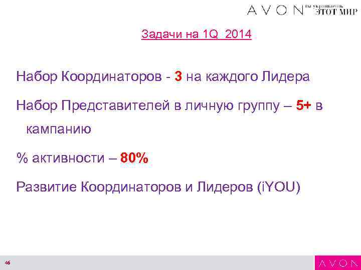 Задачи на 1 Q 2014 Набор Координаторов - 3 на каждого Лидера Набор Представителей