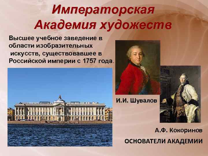 Императорская Академия художеств Высшее учебное заведение в области изобразительных искусств, существовавшее в Российской империи