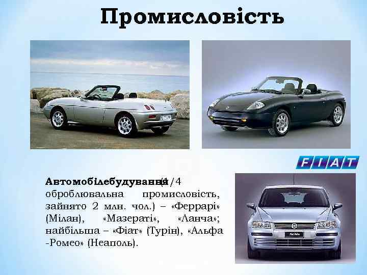 Промисловість Автомобілебудування. (1/4 оброблювальна промисловість, зайнято 2 млн. чол. ) – «Феррарі» (Мілан), «Мазераті»