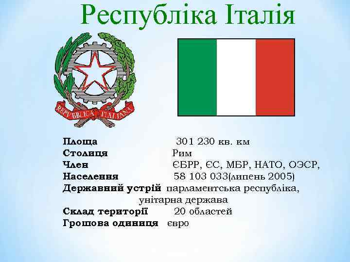 Республіка Італія Площа 301 230 кв. км Столиця Рим Член ЄБРР, ЄС, МБР, НАТО,