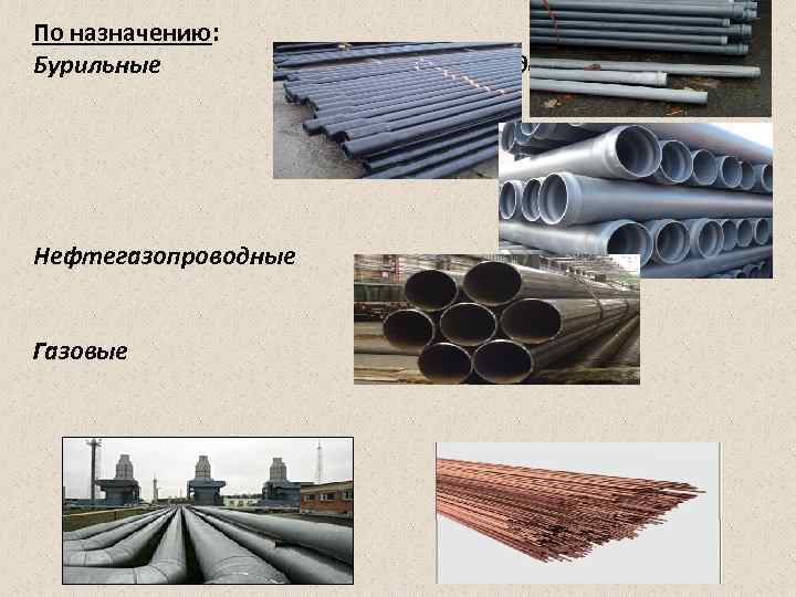 По назначению: Бурильные Нефтегазопроводные Газовые Водопроводные Канализационные Капиллярные 