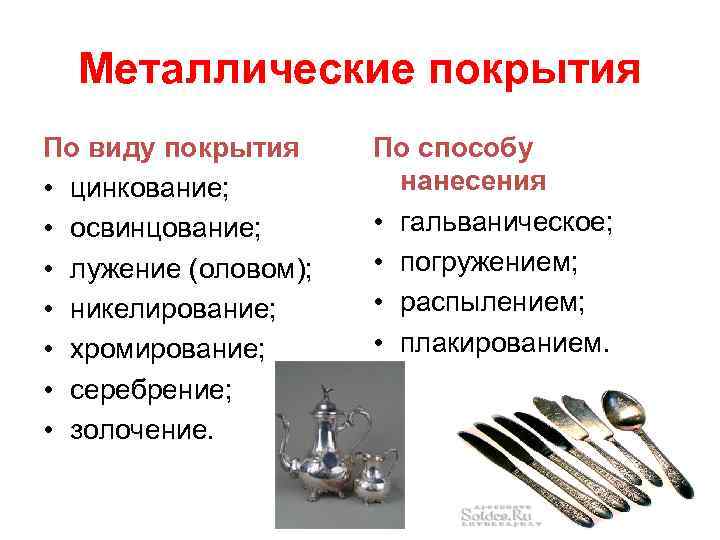 Металлические покрытия По виду покрытия • цинкование; • освинцование; • лужение (оловом); • никелирование;