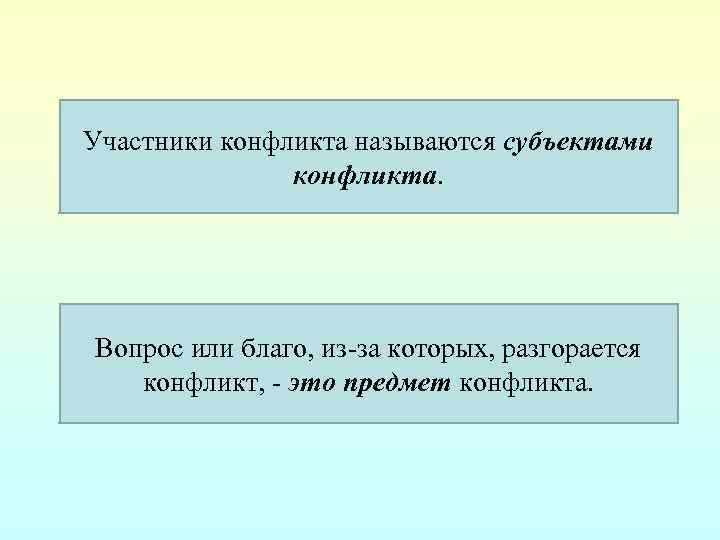 Участники конфликта называются субъектами конфликта. Вопрос или благо, из-за которых, разгорается конфликт, - это