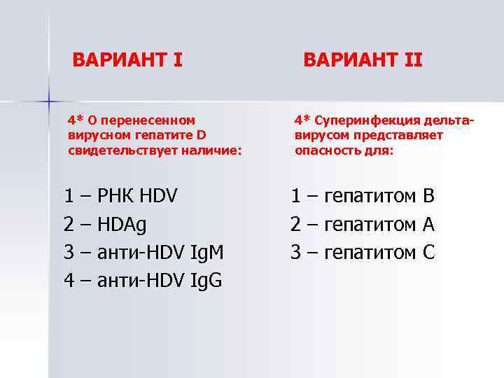 ВАРИАНТ I 4* О перенесенном вирусном гепатите D свидетельствует наличие: 1 – РНК HDV