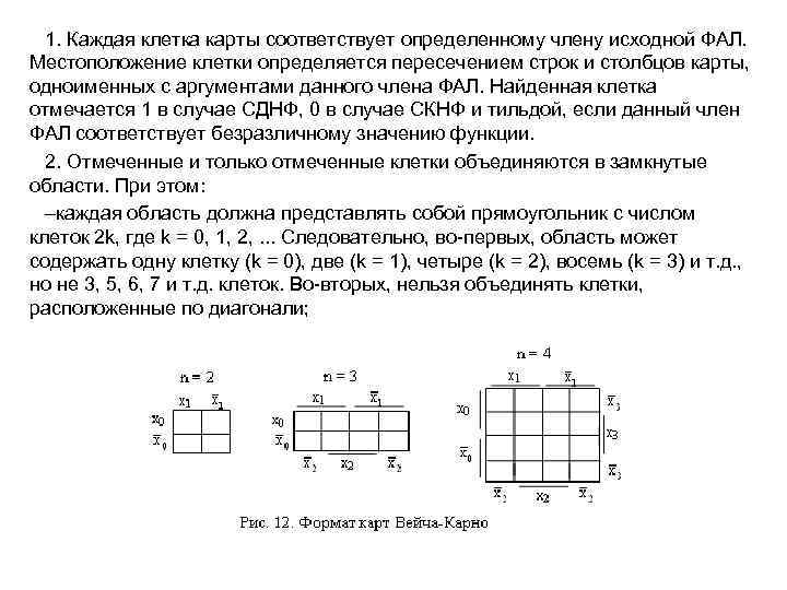 1. Каждая клетка карты соответствует определенному члену исходной ФАЛ. Местоположение клетки определяется пересечением строк