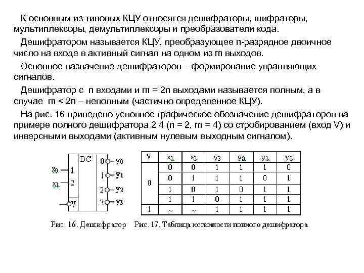 К основным из типовых КЦУ относятся дешифраторы, мультиплексоры, демультиплексоры и преобразователи кода. Дешифратором называется