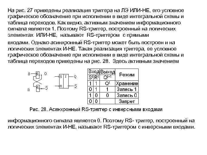 На рис. 27 приведены реализация триггера на ЛЭ ИЛИ-НЕ, его условное графическое обозначение при