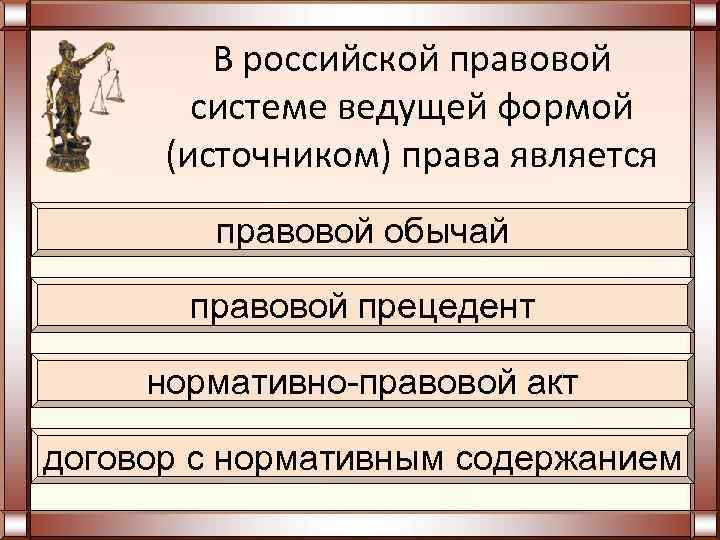 Запишите слово пропущенное в схеме права нормативно правовой акт обычай судебный прецедент