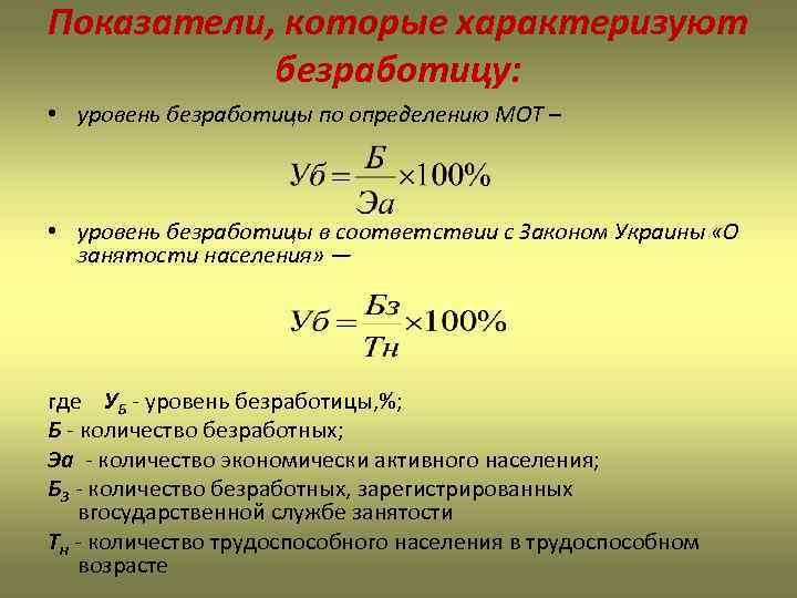 Показатели, которые характеризуют безработицу: • уровень безработицы по определению МОТ – • уровень безработицы