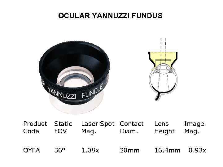 OCULAR YANNUZZI FUNDUS Product Static Code FOV Laser Spot Contact Mag. Diam. Lens Height