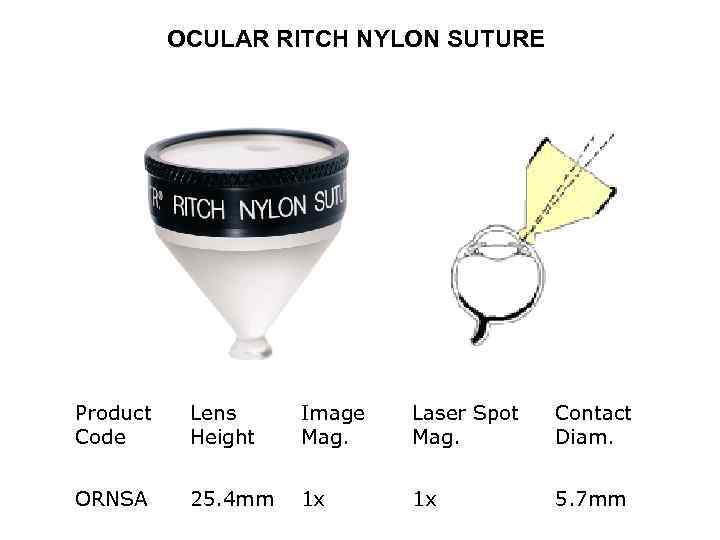 OCULAR RITCH NYLON SUTURE Product Code Lens Height Image Mag. Laser Spot Mag. Contact