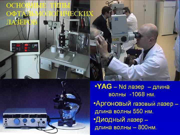 ОСНОВНЫЕ ТИПЫ ОФТАЛЬМОЛОГИЧЕСКИХ ЛАЗЕРОВ • YAG – Nd лазер – длина волны -1068 нм.