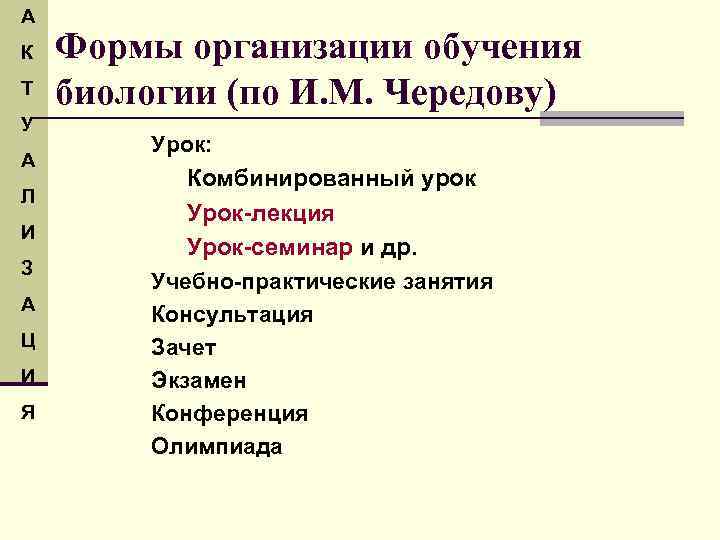 А К Формы организации обучения Т биологии (по И. М. Чередову) У Урок: А