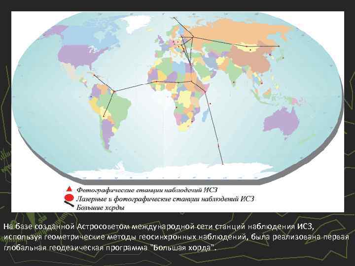 На базе созданной Астросоветом международной сети станций наблюдения ИСЗ, используя геометрические методы геосинхронных наблюдений,