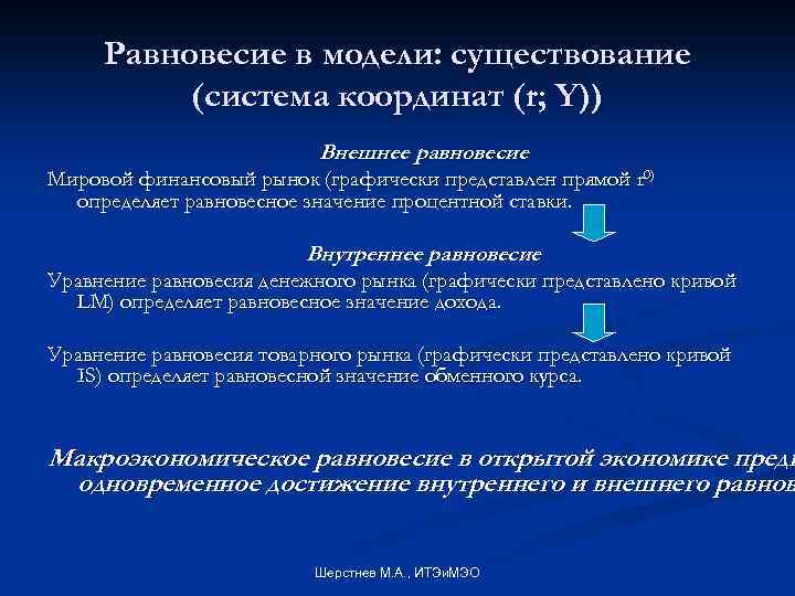Равновесие в модели: существование (система координат (r; Y)) Внешнее равновесие Мировой финансовый рынок (графически