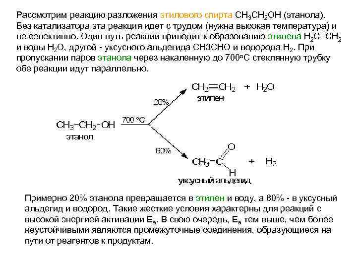 Рассмотрим реакцию разложения этилового спирта СН 3 СН 2 ОН (этанола). Без катализатора эта