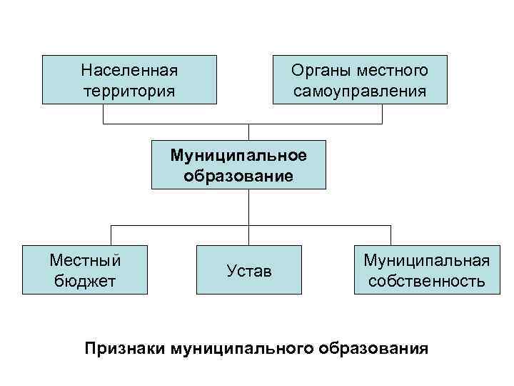 Населенная территория Органы местного самоуправления Муниципальное образование Местный бюджет Устав Муниципальная собственность Признаки муниципального