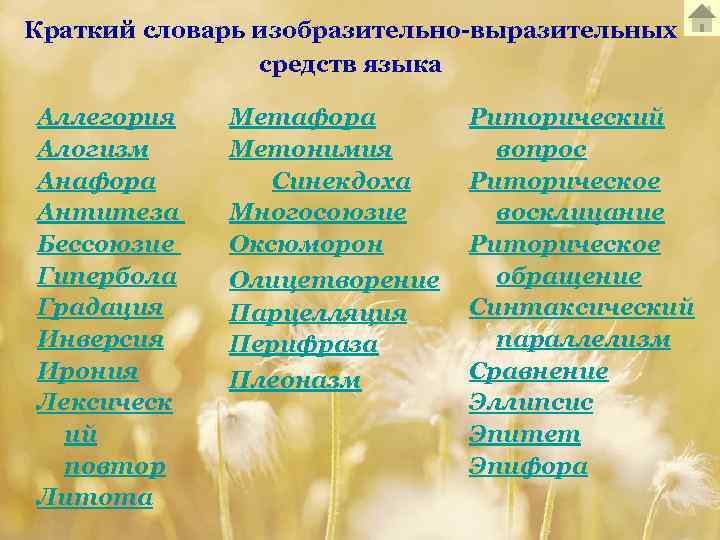 Краткий словарь изобразительно-выразительных средств языка Аллегория Алогизм Анафора Антитеза Бессоюзие Гипербола Градация Инверсия Ирония