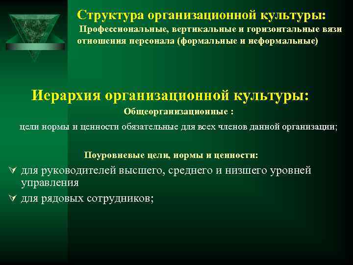 Структура организационной культуры: Профессиональные, вертикальные и горизонтальные вязи отношения персонала (формальные и неформальные) Иерархия